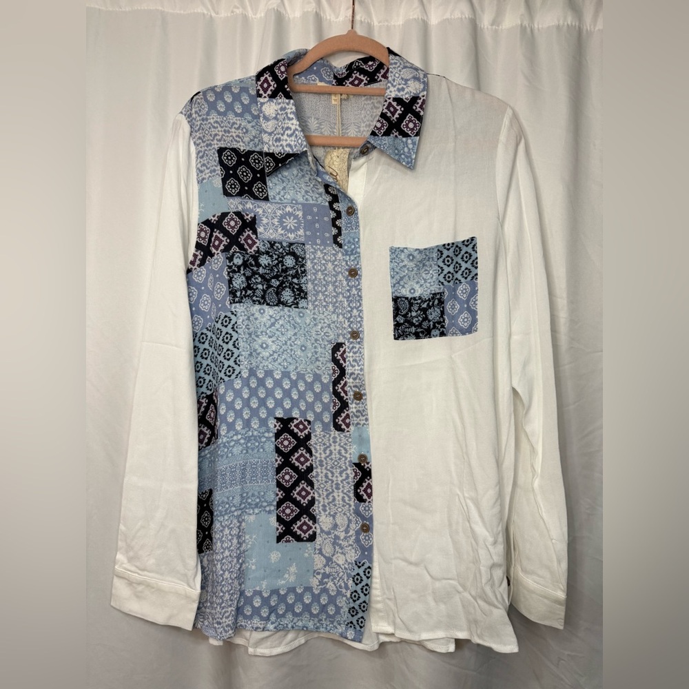 Women’s Patchwork Button-Up Shirt - Blue and White by Mystery Size Large